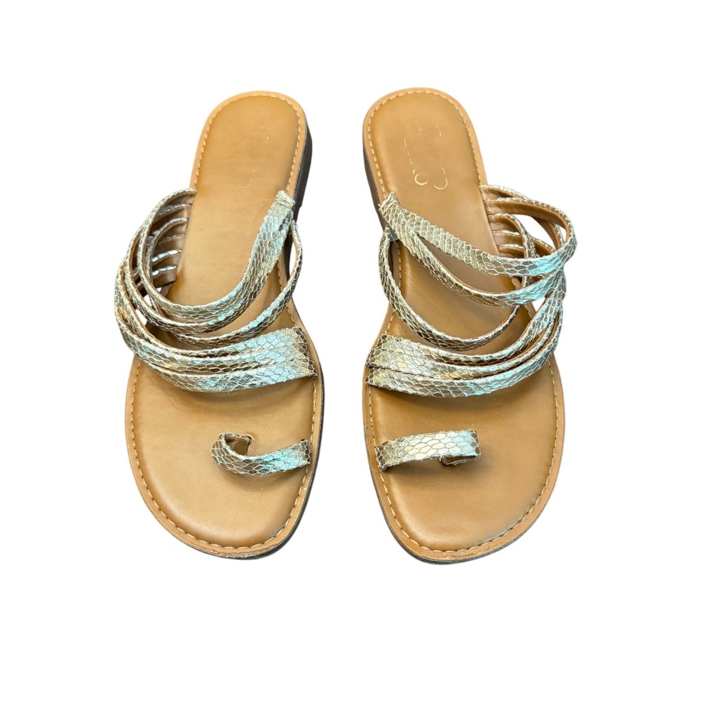 Franco Sarto Giuseppe Gold Snakeskin Embossed Multi Strap Toe Loop Sandals 9.5